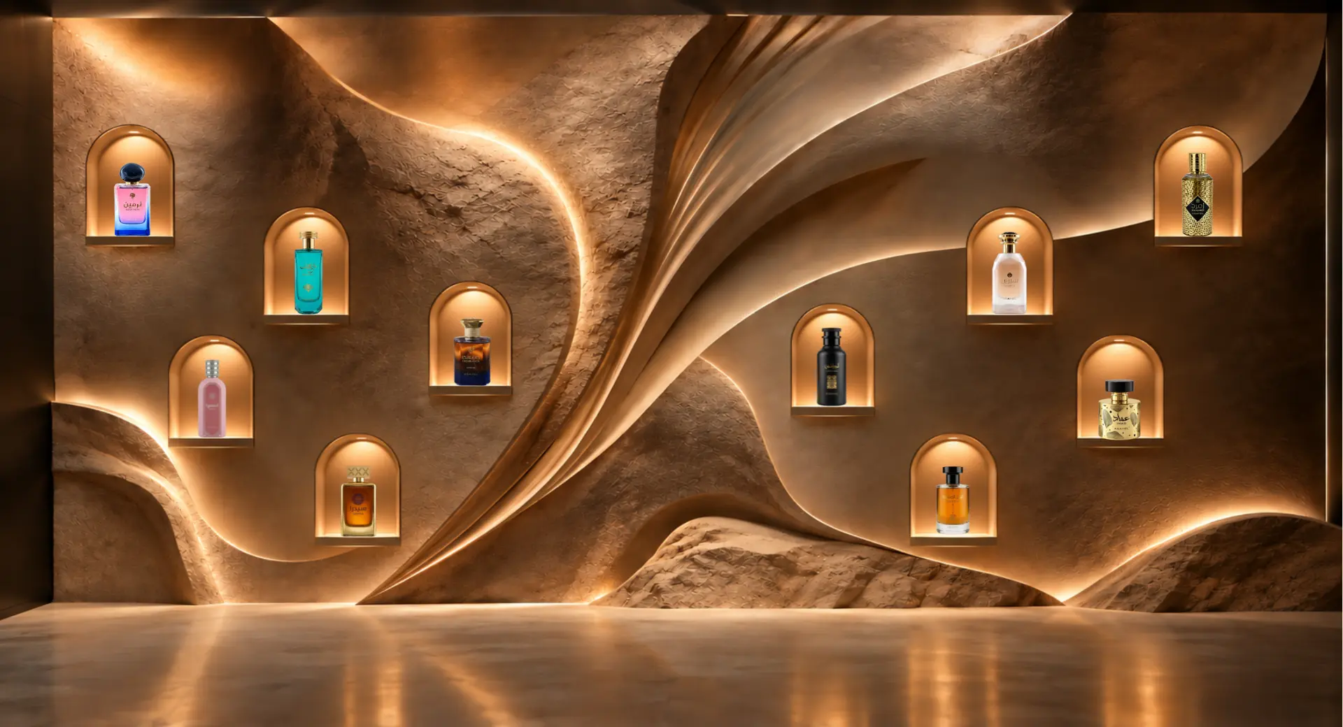 Ten ASAYEL fragrances displayed in illuminated sculptural niches