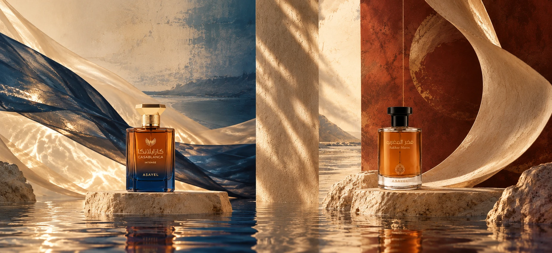 ASAYEL Casablanca Intense and Fakhar Maroc perfumes among sculptural stone, flowing fabric and water