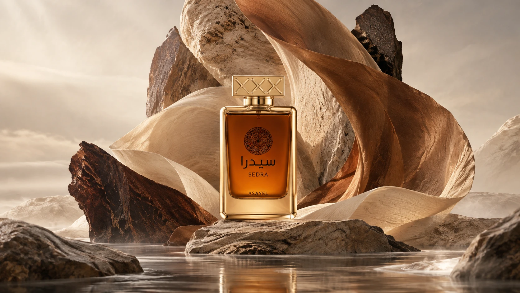 ASAYEL Sedra perfume surrounded by sculptural rock and flowing fabric